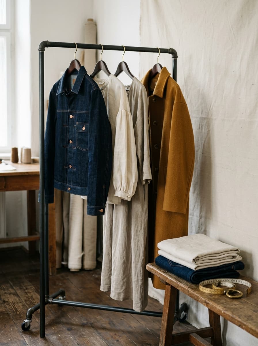 Frisch konfektionierte Kleidung auf einer Stange im Atelier — Indigo, Leinen und Wolle