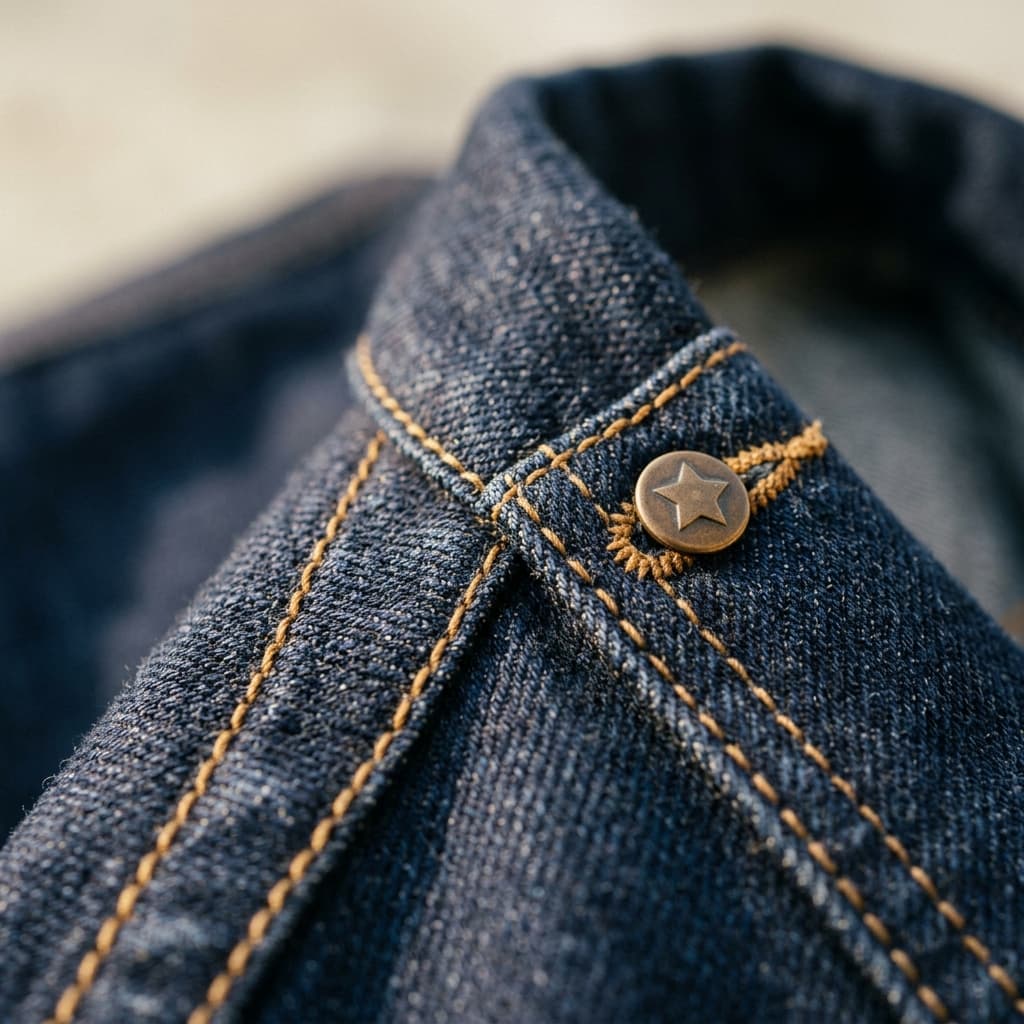 Detail — Kappnaht und Messing-Topstitch am Kragen.