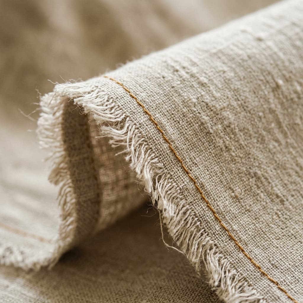 Detail — offene Saumkante, naturbelassener Flachs.