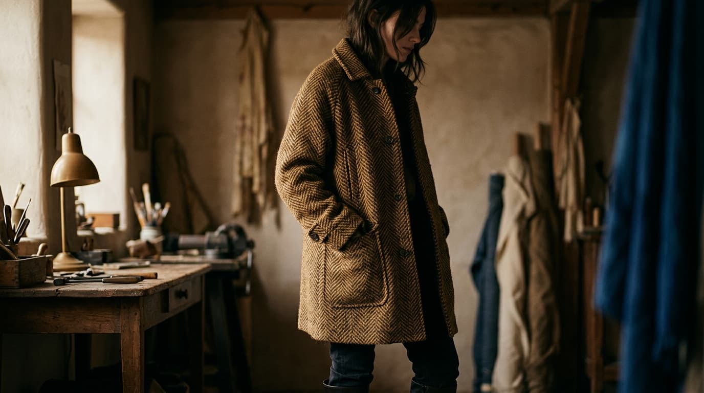 Terra — Erdige Wolle & Tweed — Mäntel und Jacken in Ocker und Umbra.